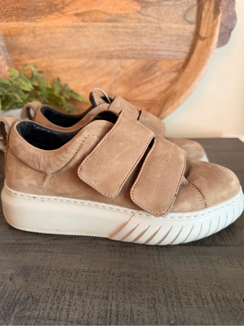 Women’s Suede Platform Sneakers in Tan with Hook-and-Loop Straps